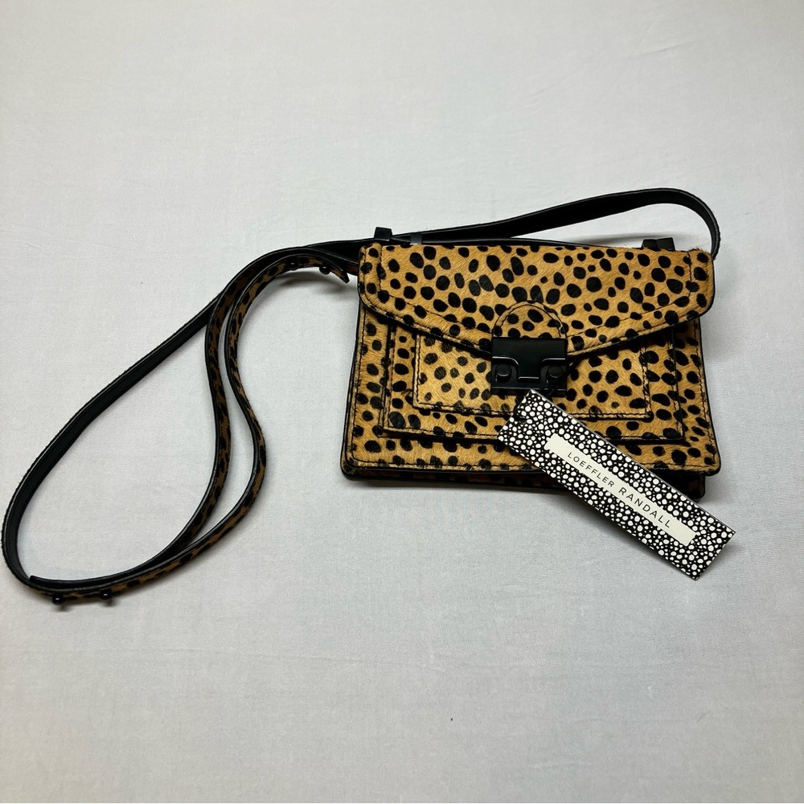 Loeffler Randall Mini Rider Calf-Hair Crossbody Bag Cheetah Leopard Print Purse